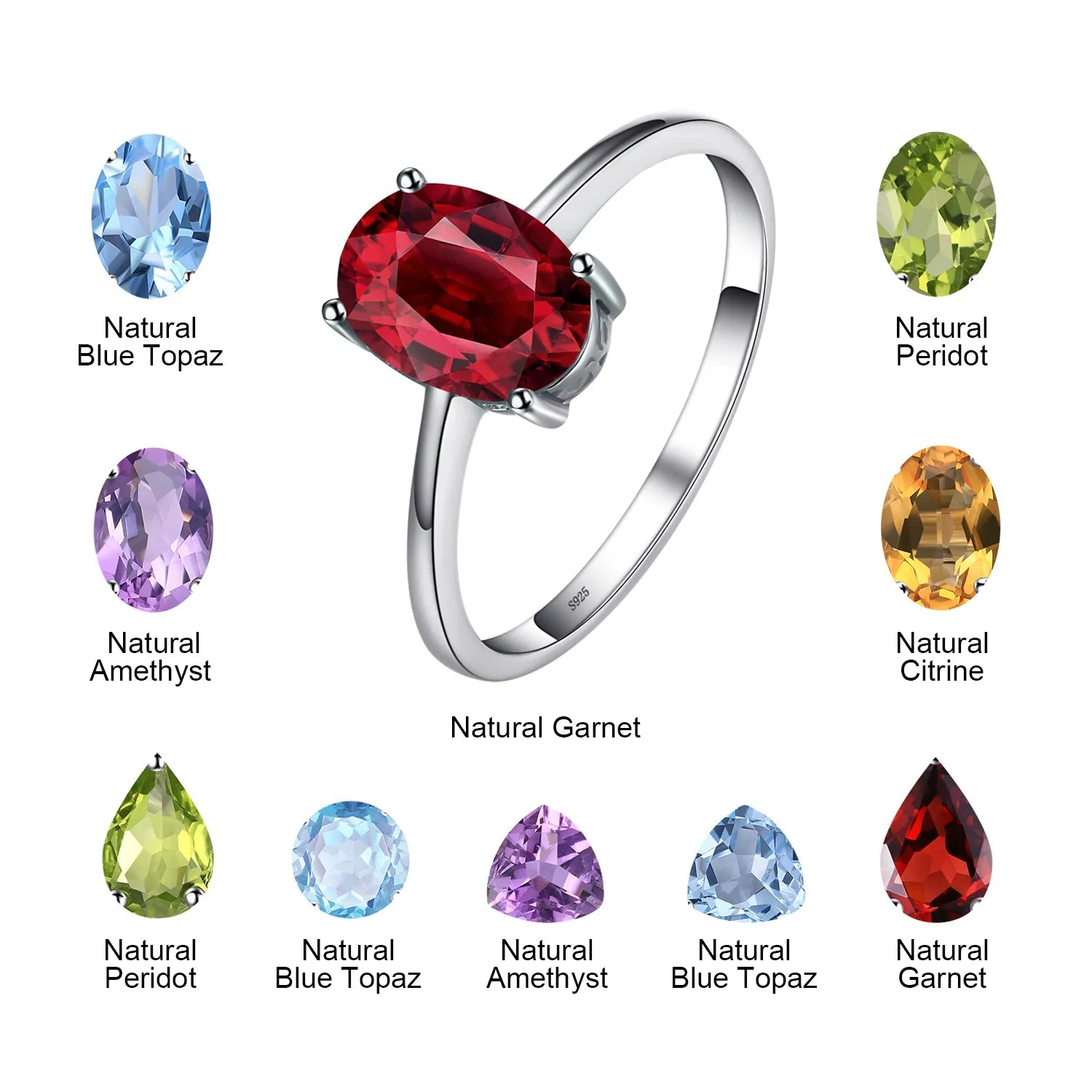 JewelryPalace Genuine Garnet Amethyst Citrine Peridot Blue Topaz 925 Sterling Silver Rings for Women Colorful Gemstone Jewelry