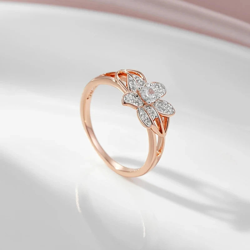 Rose Gold Flower Ring with Zircon for Women