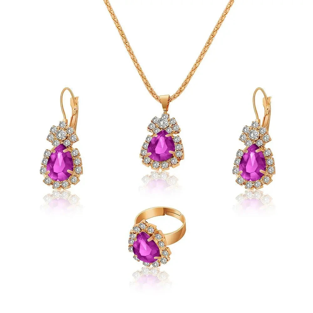 Blue Crystal Ring Necklace Earrings Set Wedding Jewelry SetsPurple
