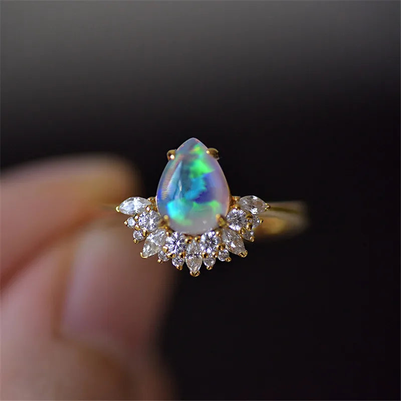 Luxury Blue Fire Opal Stone Engagement Ring Water Drop