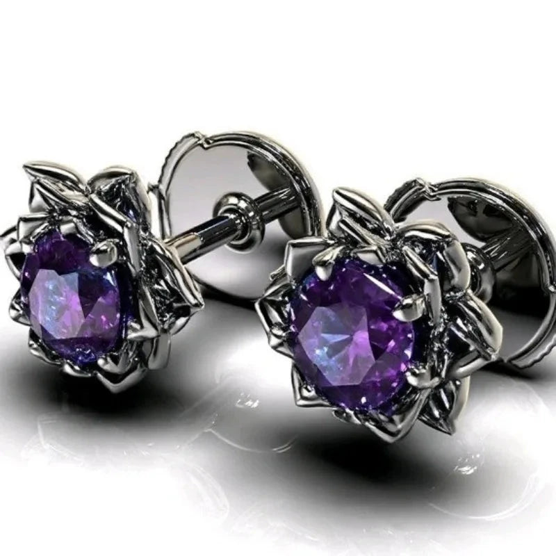Vintage Purple Stone Flower Stud Earrings – Black Geometric DesignEarrings