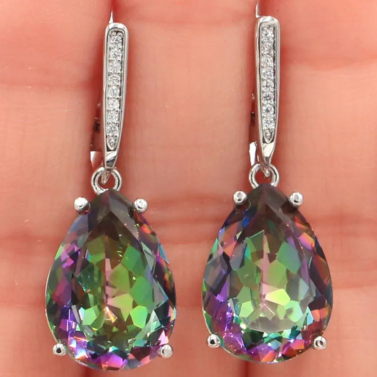 Drop Fire Rainbow Blue Mystic Topaz Sister Silver Pendant EarringsMystical Topaz