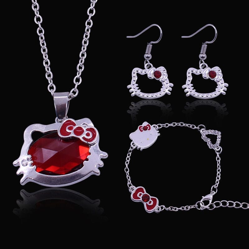 3Pcs/Set Hello Kittys Ruby Necklace Women Bracelet Earrings0