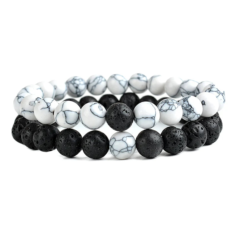 Long Distance Couples Bracelets - Matching Lava Stone & Howlite Bead Bracelets, Set of 2