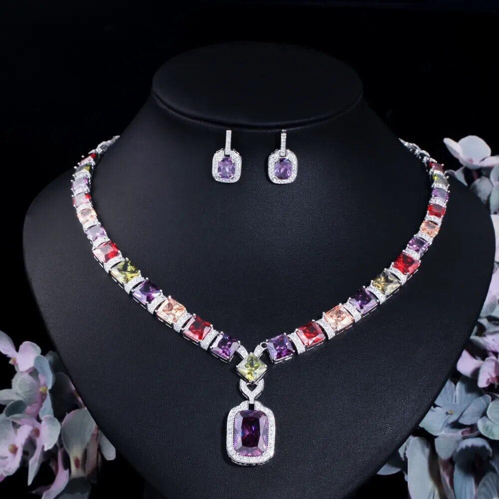 Colorful Diamond Jewelry Set (Earrings & Necklace)Jewelry Sets