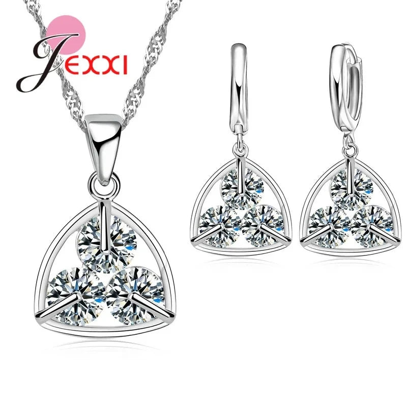 Trendy 925 Silver Color Jewelry Sets Cubic Zirconia Pendants Necklaces Charm Hoop Earrings Wedding Anniversary Gift For WomenS34601