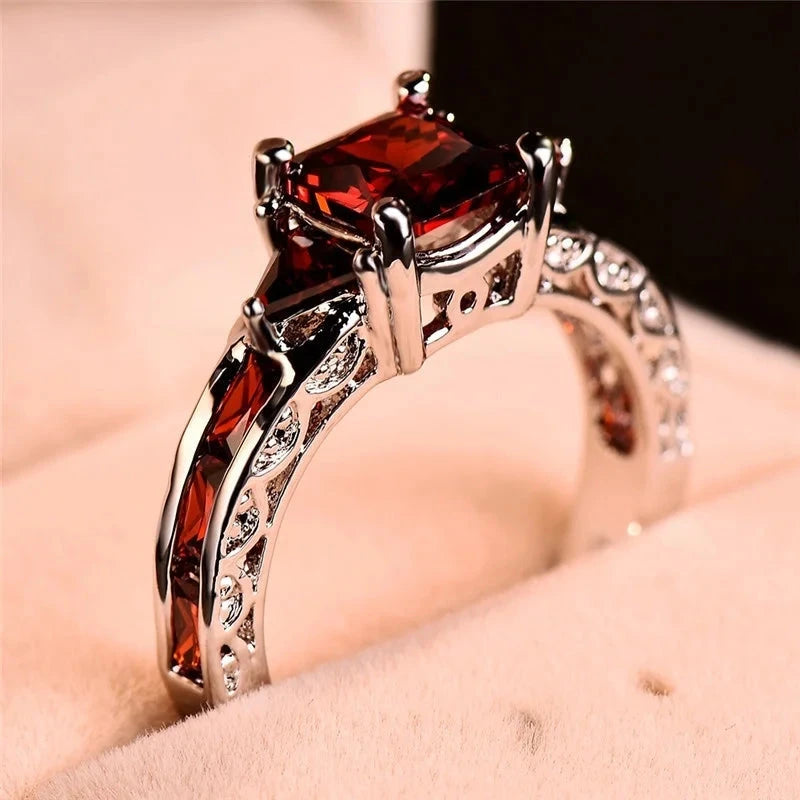 Elegant Silver Princess Cut Red Stone Ringred5