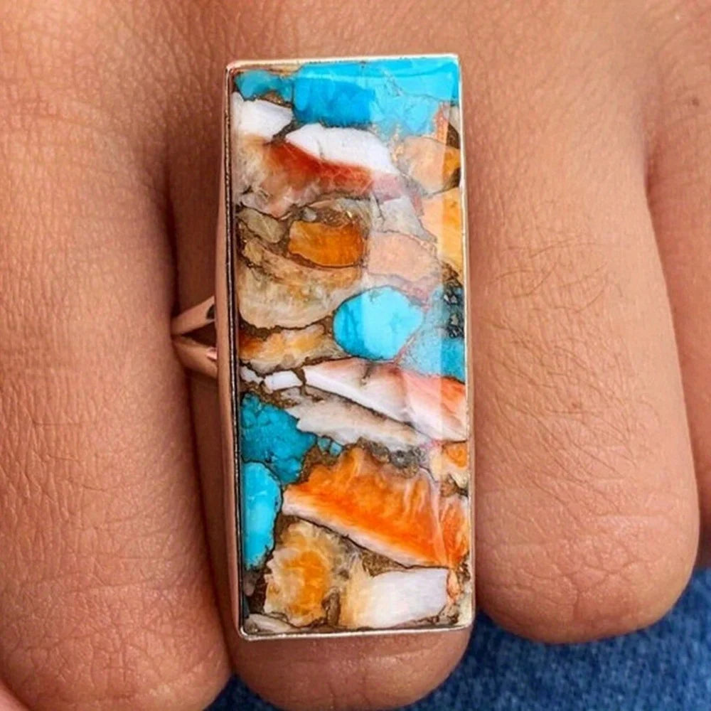 Exquisite Bohemian Retro Rectangles Turquoise Ring