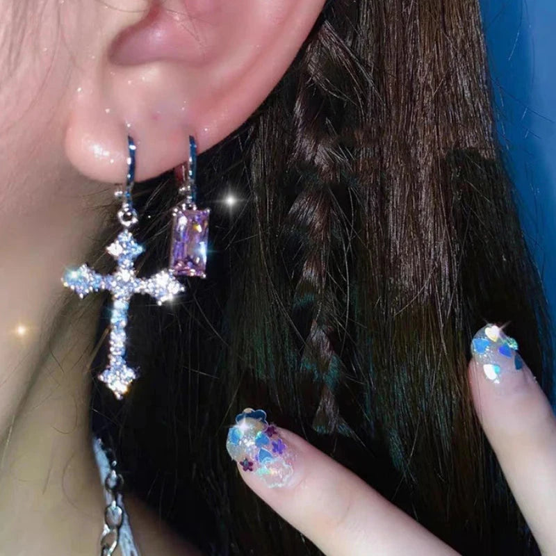 Rhinestone Zircon Cross Pendant Earrings