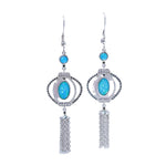 Vintage Blue Fire Opal Drop Dangle Earring with Stone Silver Plated Black Onyx Long Tassel Bohemia Boho Jewelry for Women