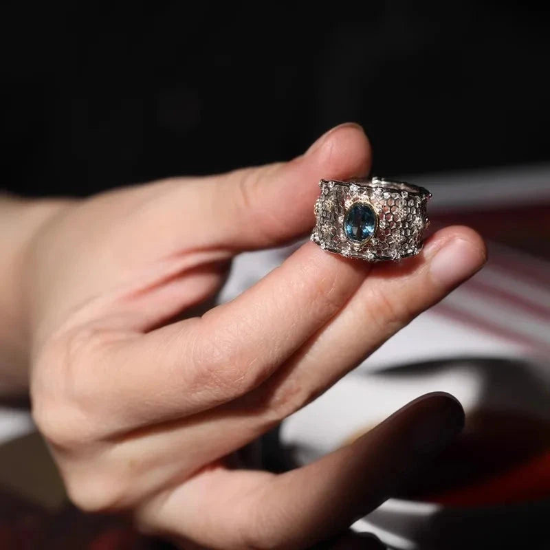 925 Sterling Silver Topaz Ring Lace Hollowing