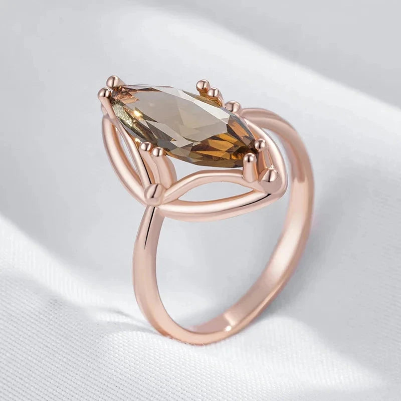 Wbmqda Geometric Brown Stone Ring For Women 585 Rose Gold Color 2025 Trendy Zircon Jewelry AccessoriesGOLD10