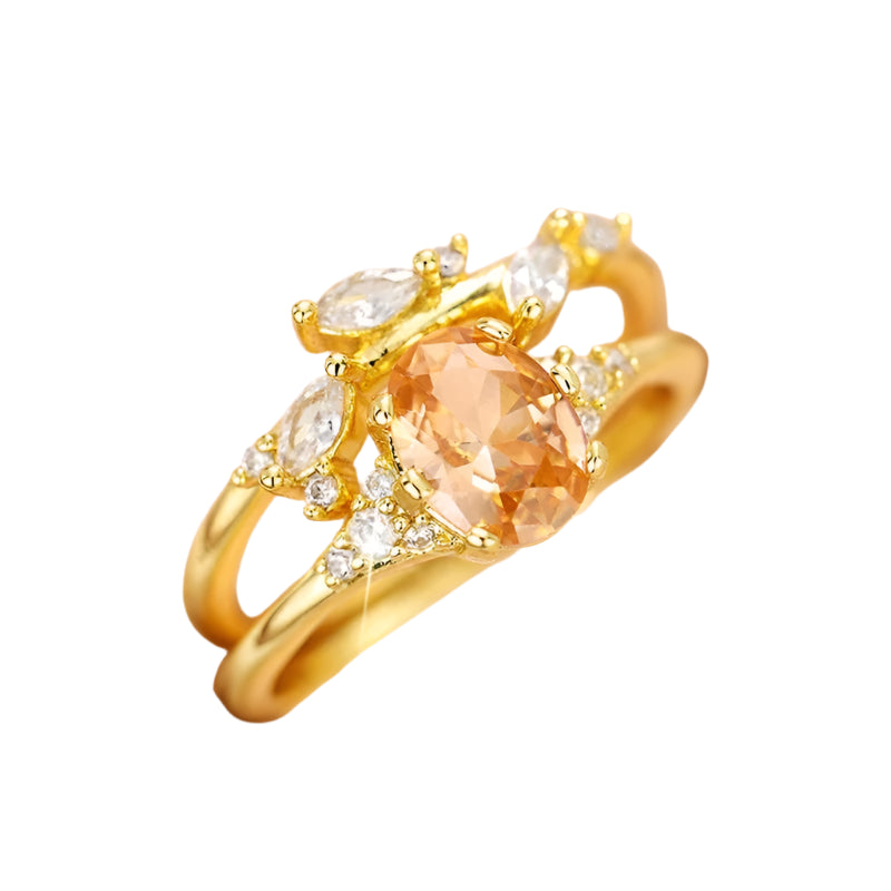 Huitan Champagne CZ 2Pcs Women Rings Aesthetic Wedding Accessories Gold Color Exquisite Leaf Rings Party Fashion Jewelry Sets
