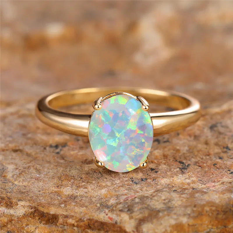 White Fire Opal Stone Engagement Ring Yellow Gold