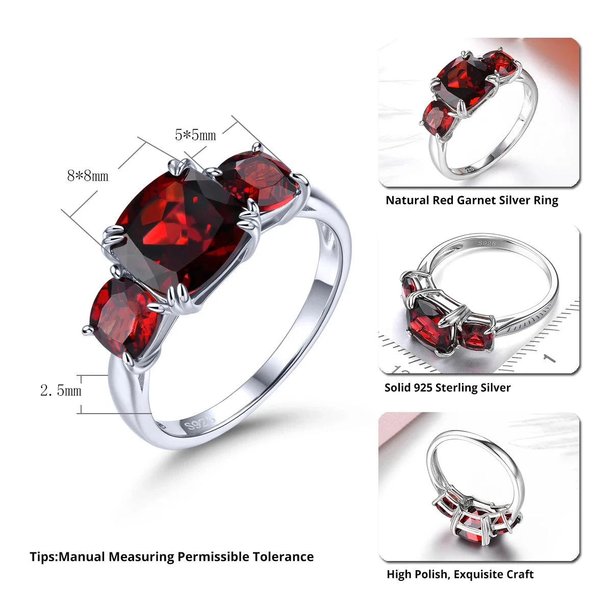 Natural Red Garnet Sterling Silver Rings 4.5 Carats Genuine Gemstone