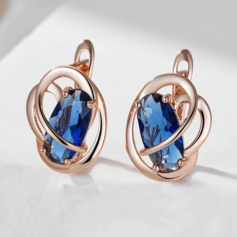 Luxury 585 Rose Gold Shiny Oval Blue Natural Zircon Dangle Earrings for Women