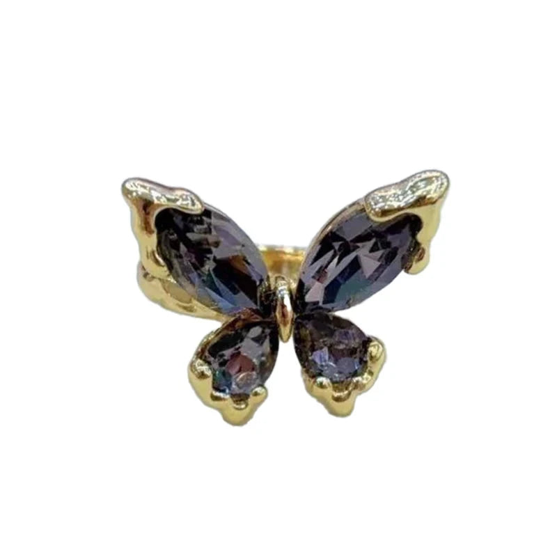 Gold Ring Black Crystal Butterfly Open for Women