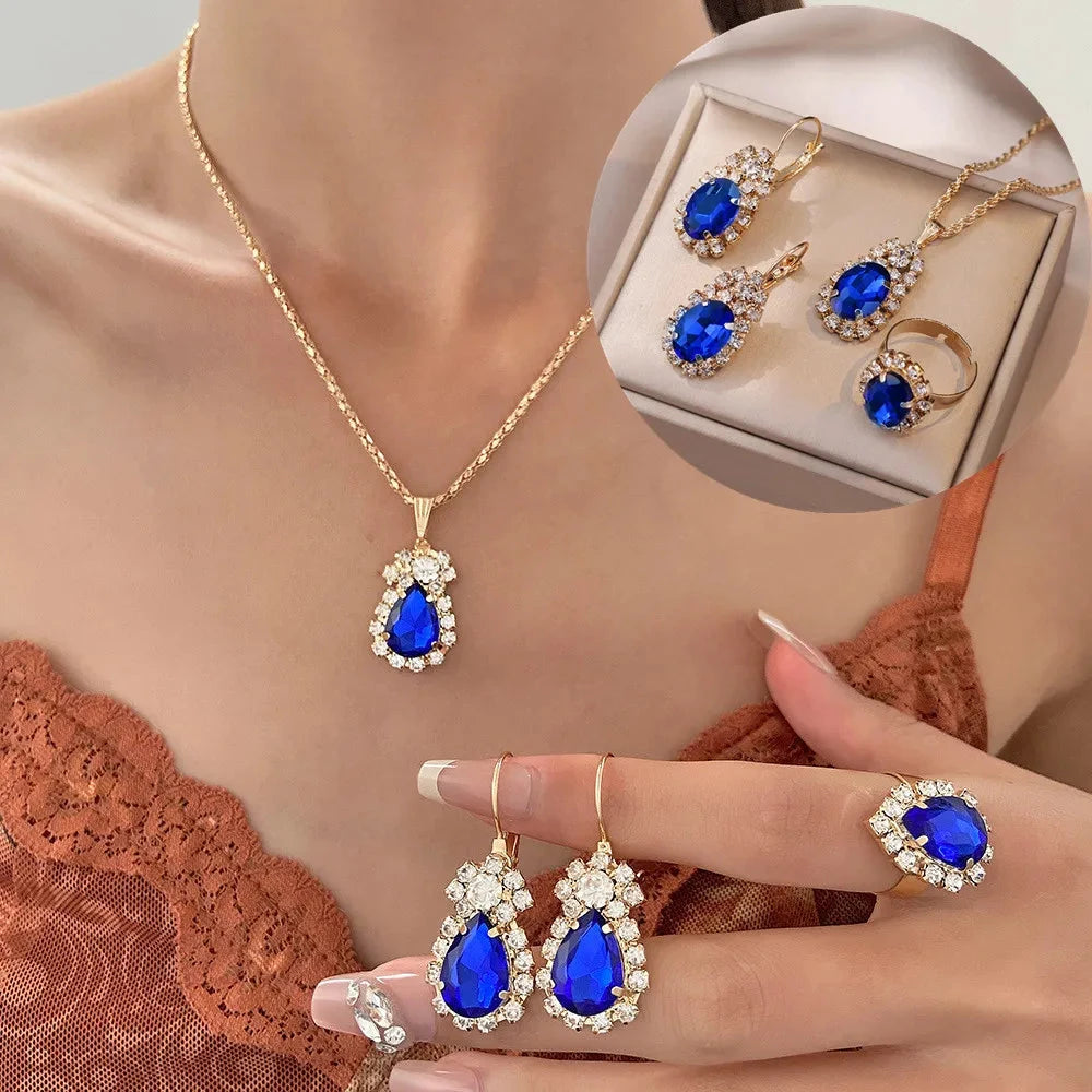 Blue Crystal Ring Necklace Earrings Set Wedding Jewelry Sets