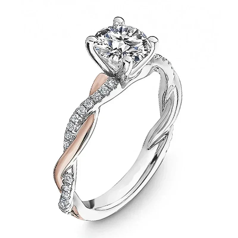 Huitan Delicate Two Tone Twist Women Rings Classic 4 Claw Design Shiny CZ Female Wedding Engagement Romantic Girl Gift New