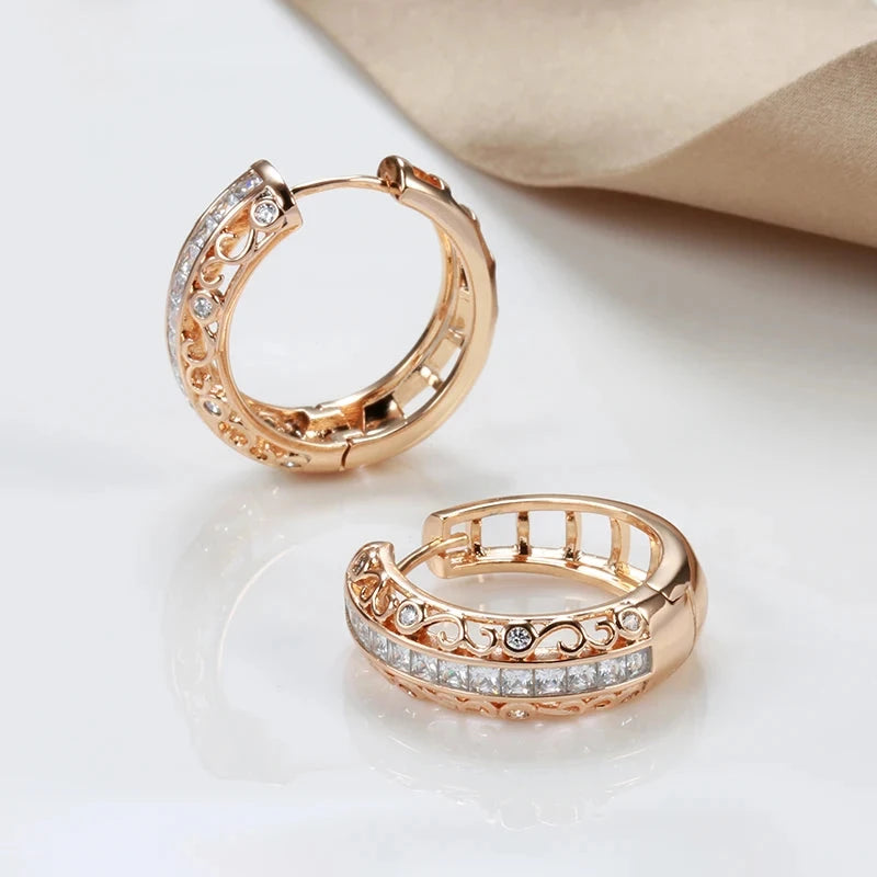 SYOUJYO Retro Round Hollow Shiny Natural Zircon Earrings For Women 585 Rose Gold Color Unique Light Luxury Party Jewelry