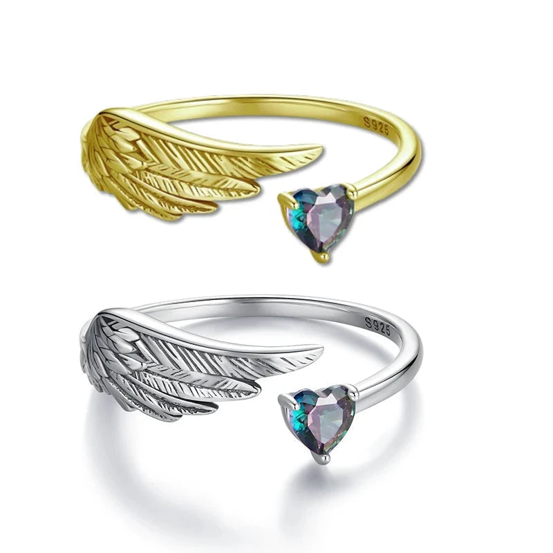 925 Sterling Silver Wing & Heart Open Ring