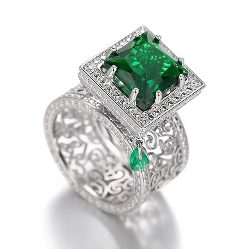 Square Green CZ Hollow Pattern Ring for Women
