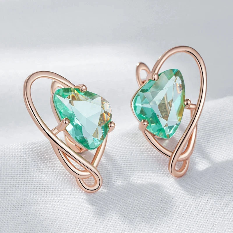 Rose Gold Color Drop Earrings with Light Green Stone