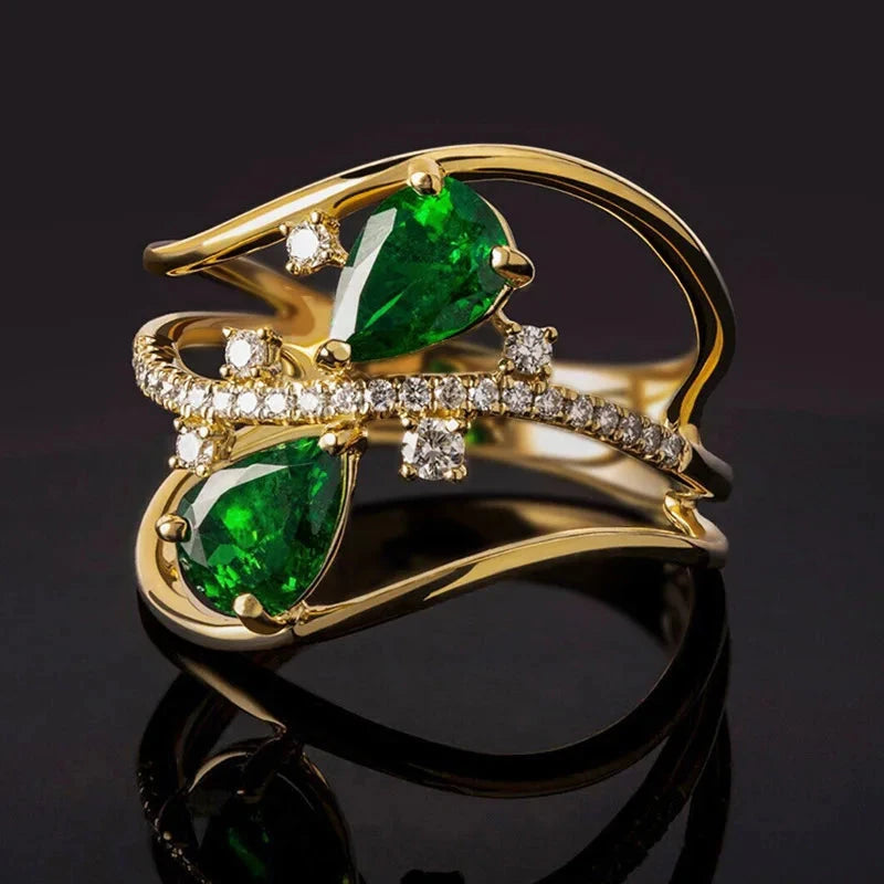 Gold Teardrop Green Crystal Ring9T0926