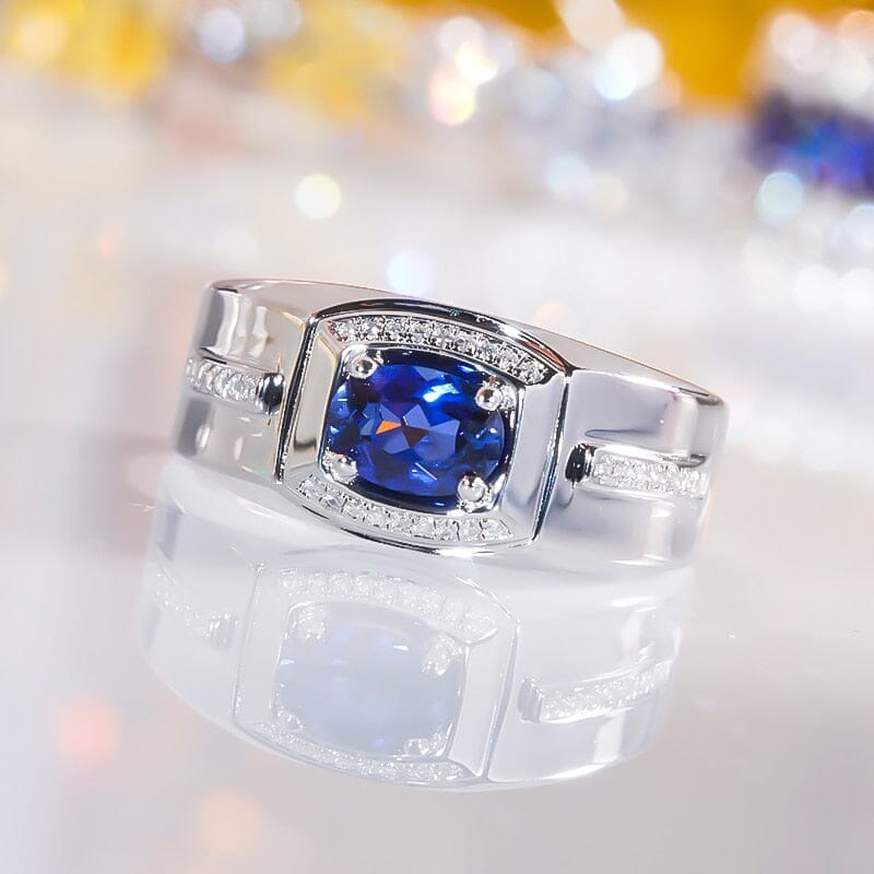 S925 Sterling Silver 18K Gold Plated Vintage Luxury Gemstones Blue Sapphire Ring for Men0