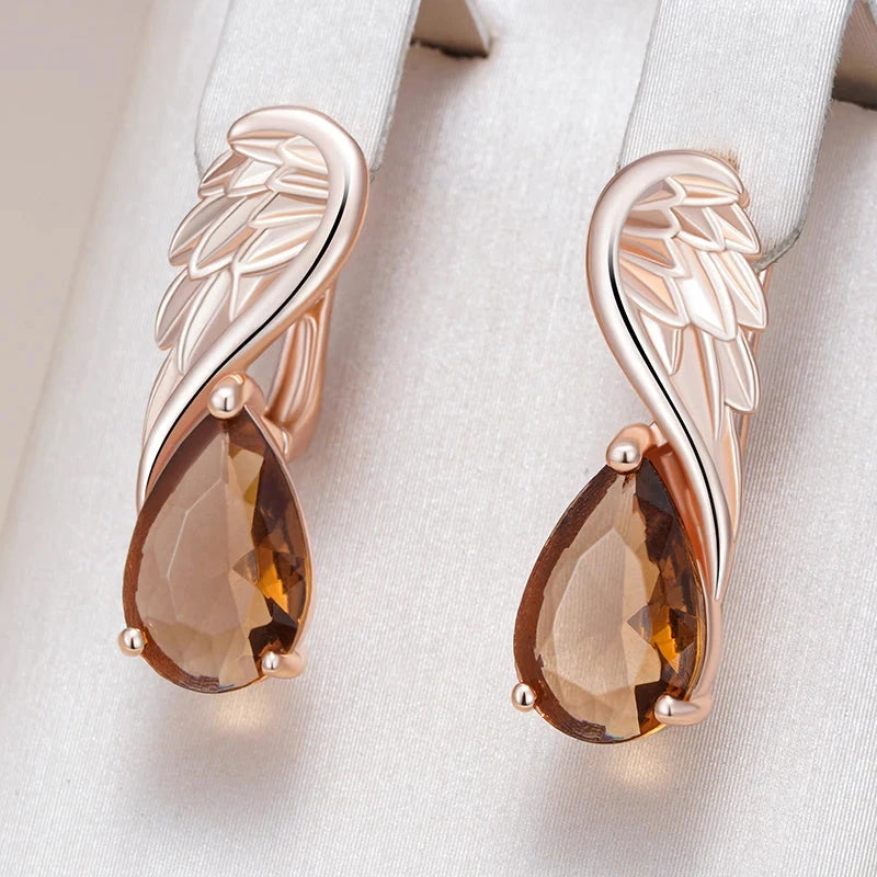 Shiny Brown Natural Zircon English Earrings for Women 585 Rose Gold