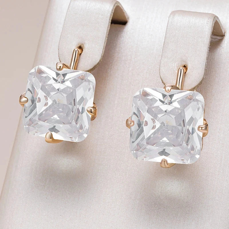 Shiny White Big Square Zircon Rose Gold Earrings for Women