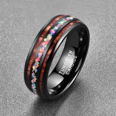 Tungsten Carbide Ring Opal Hawaii Koa Wood Komaru 8mm Rainbow Ringblack5.5