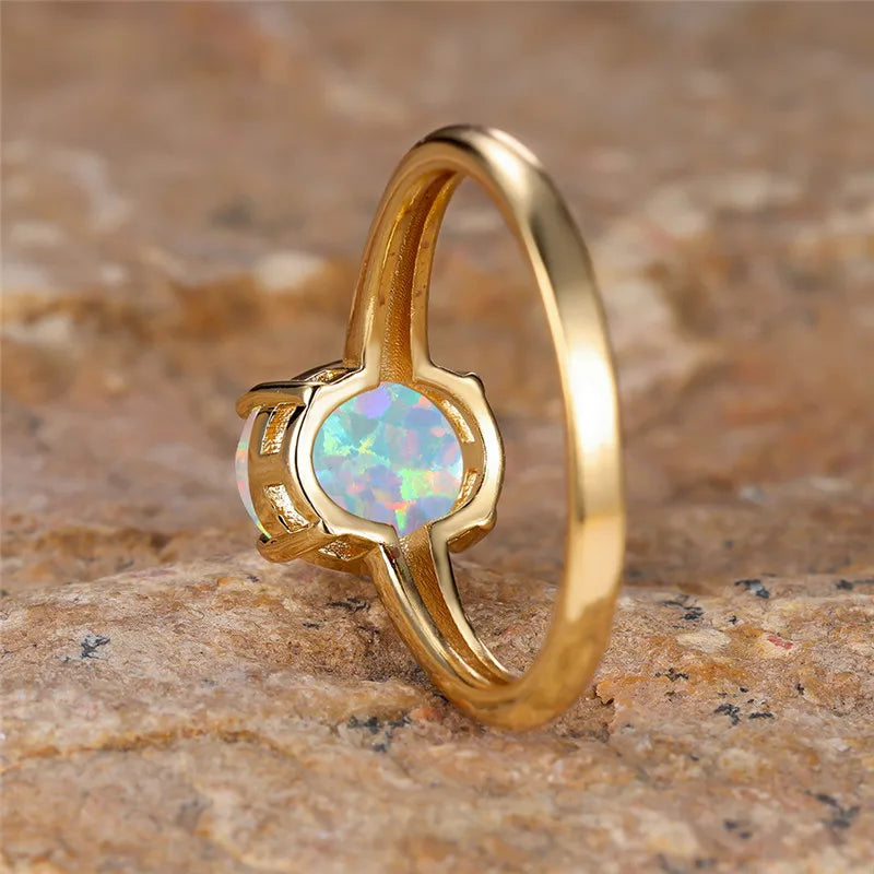 White Fire Opal Stone Engagement Ring Yellow Gold