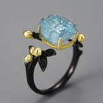 Lotus 18K Gold Natural Aquamarine Gemstone Flower Adjustable Rings