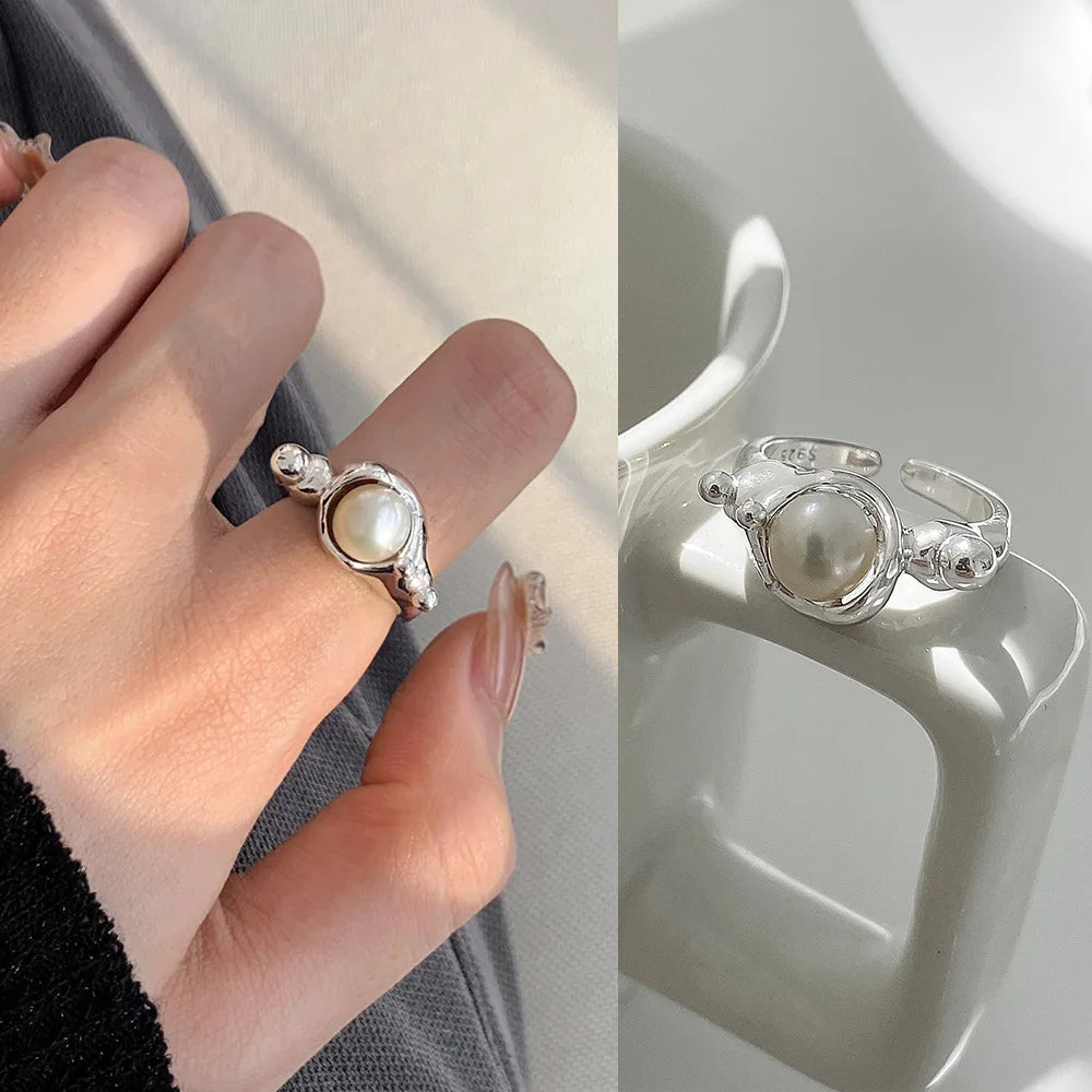 Handmade Adjustable Punk Pearl Rings Geometric Fashion Openas picture 1resizable