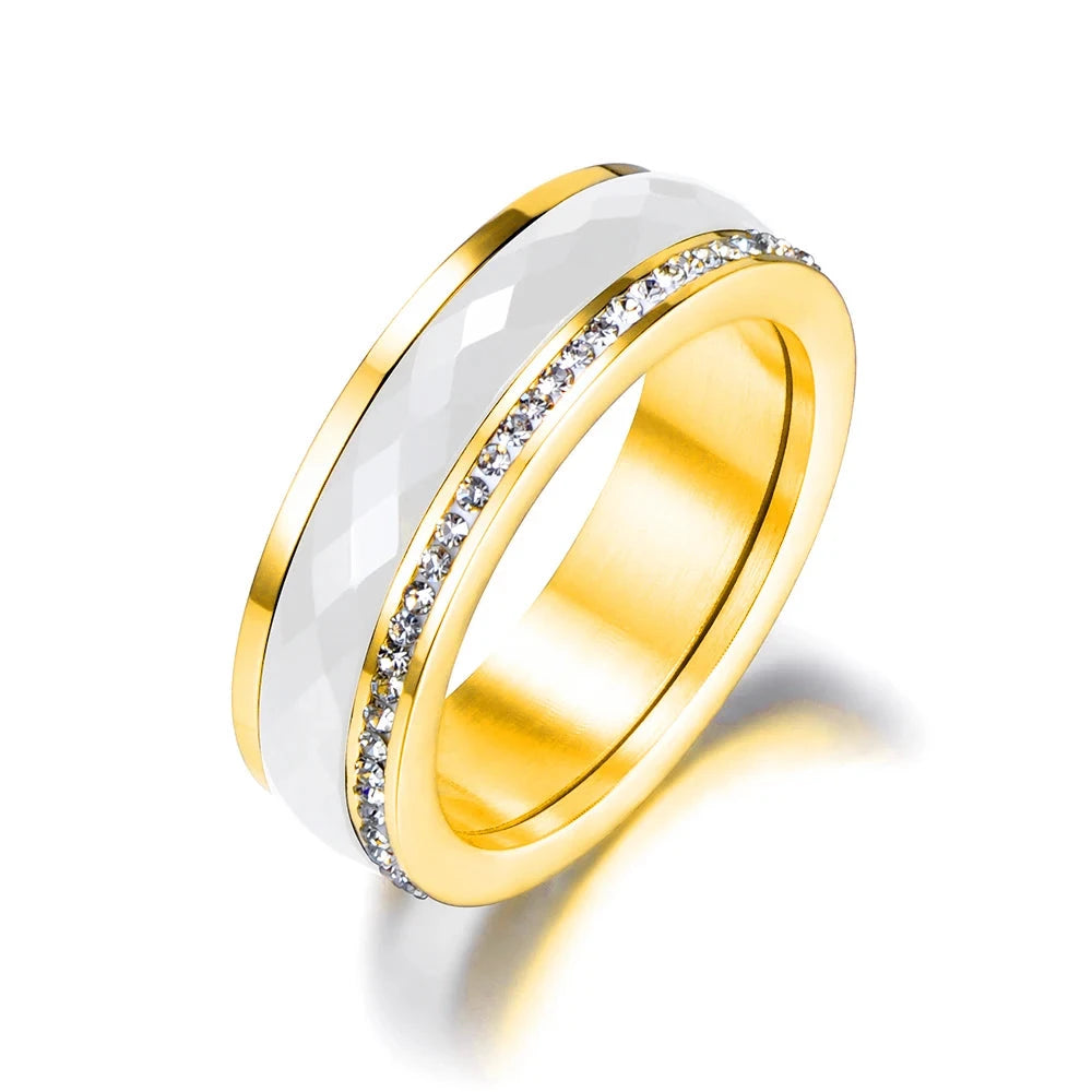 Stainless Steel White Ceramics Rings Jewelry Gold Color CZ Crystal RingsR18056G7