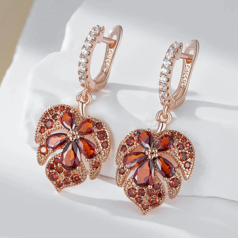 Rose Gold Red Zircon Maple Leaf Earrings for Women