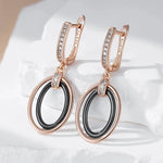 585 Rose Gold Oval Black Ceramics Long Drop Earrings For Women
