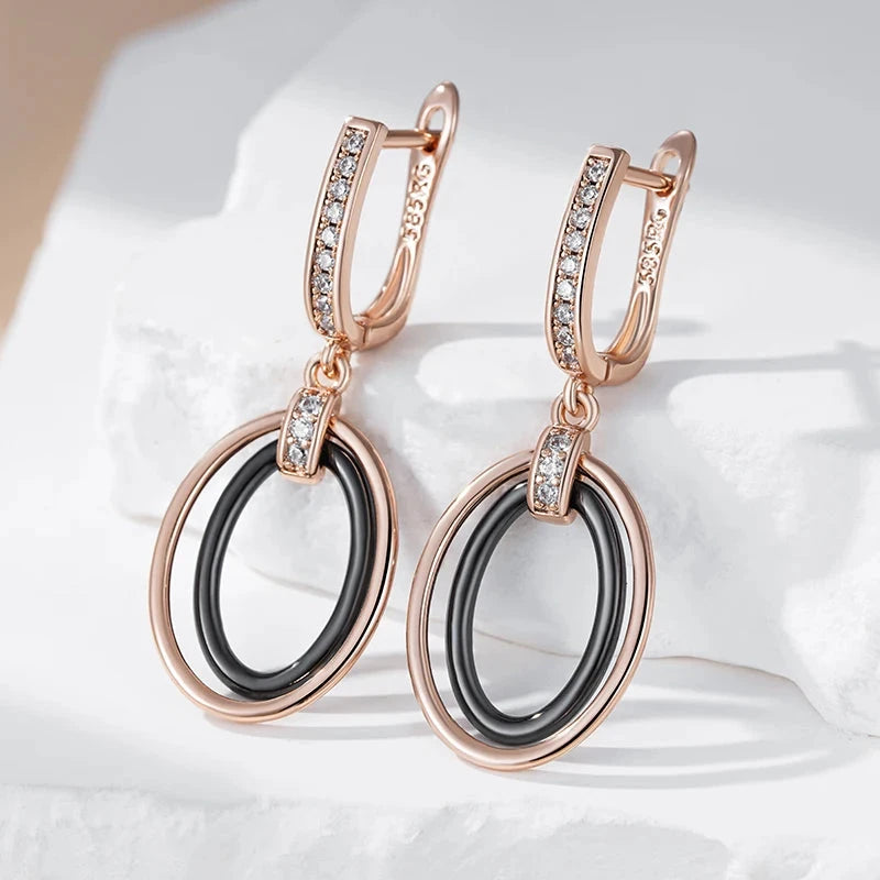 585 Rose Gold Oval Black Ceramics Long Drop Earrings For Women