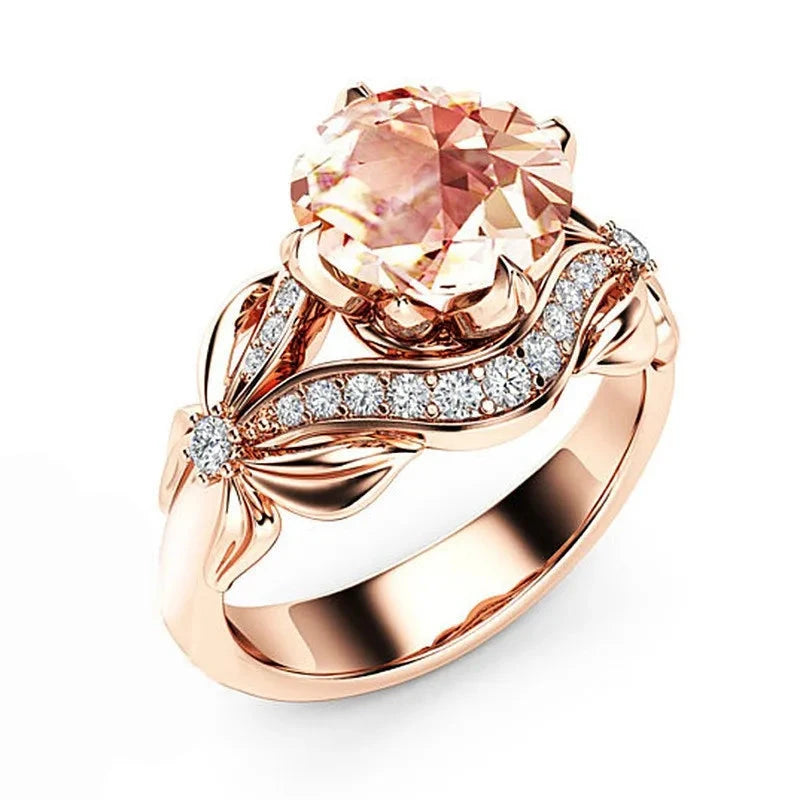 Rose Gold Color Metal Flower Round Rose Stone Ring for WomenDG154015