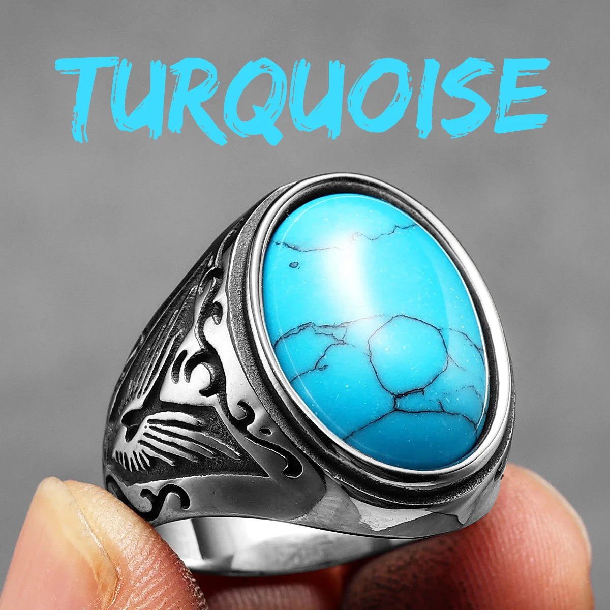 Turquoise Carved Men Rings Stainless Steel Vintage LookR1213-Turouise7