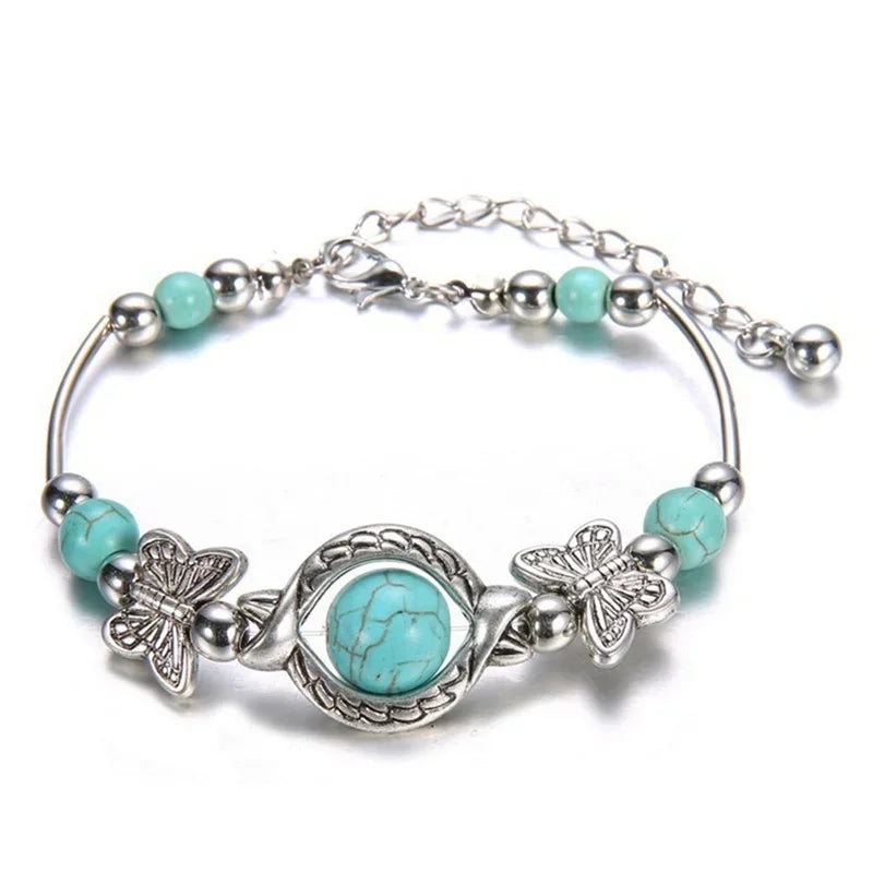 Butterfly Bracelet Carved Pattern Beaded Turquoise Hand Chain1pc