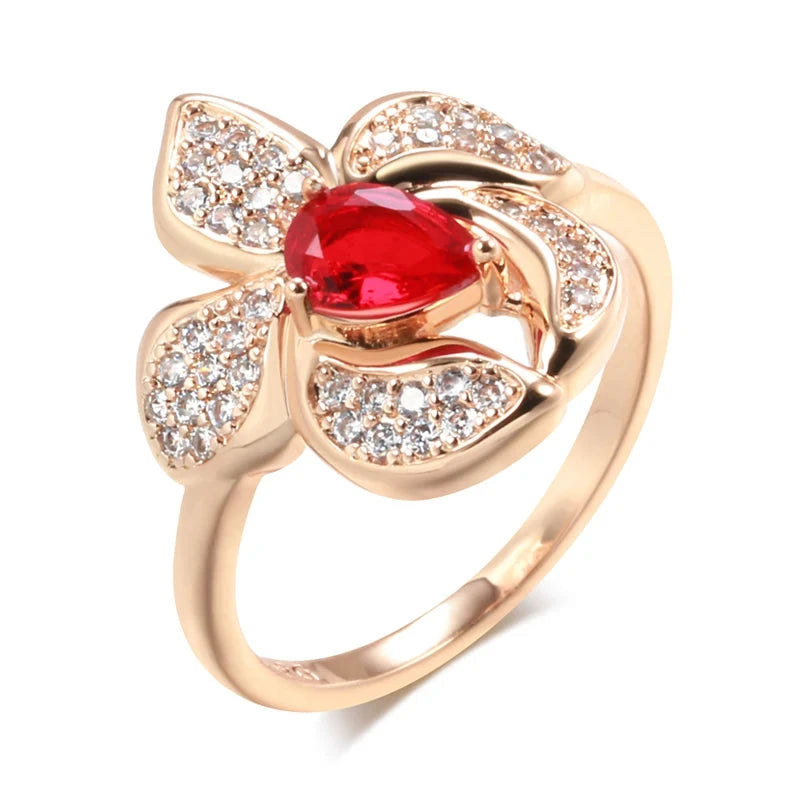 Luxury Rose Gold Red Zircon Flower Ring for WomenRED7