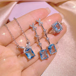 Aquamarine Three-Piece Ring Pendant Necklace Tassel Stud Earrings for Women