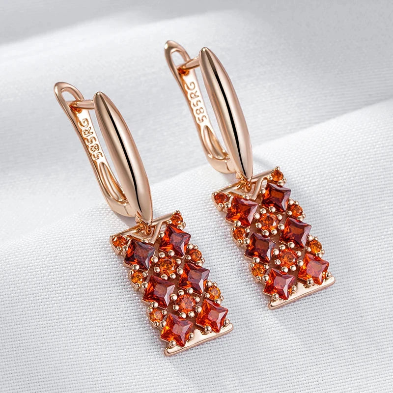 Rose Gold Red Zircon Square Drop Earrings