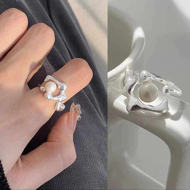 Handmade Adjustable Punk Pearl Rings Geometric Fashion Openas picture 2resizable