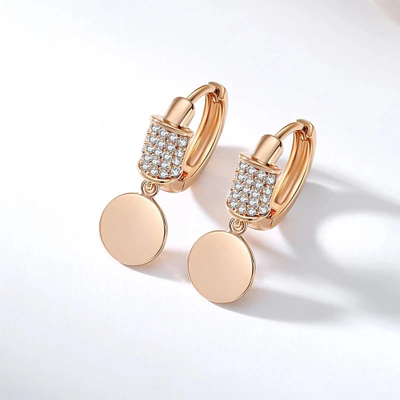 Glossy Rose Gold Disc Drop Earrings For Women