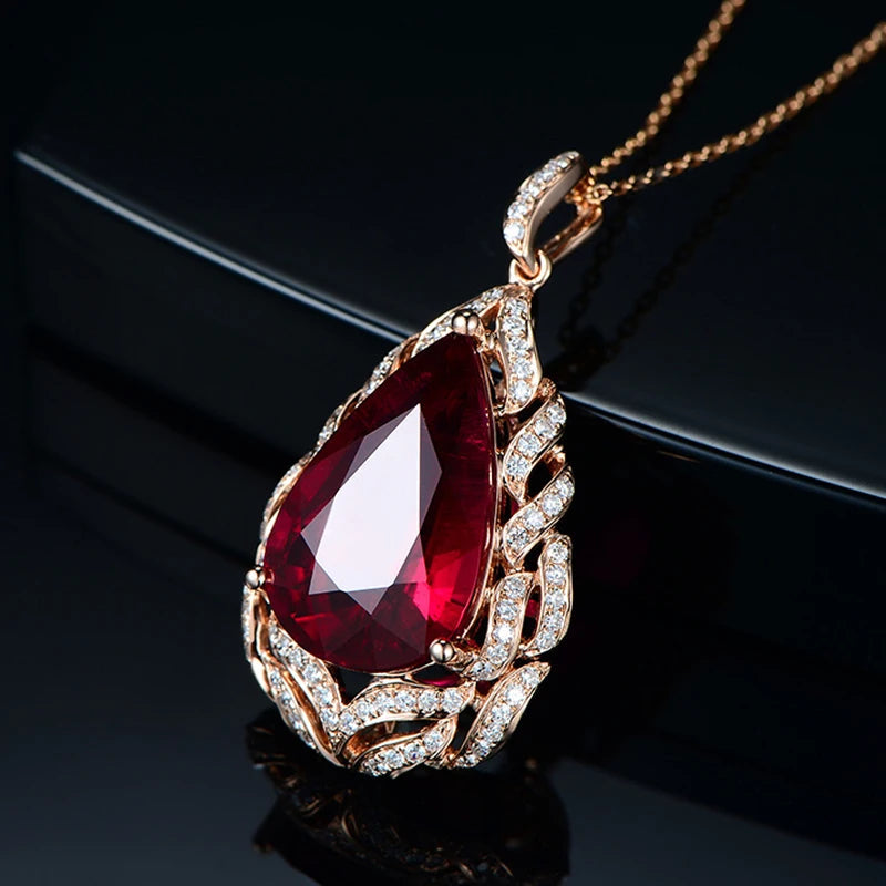 Rose Gold Color Elegant Romantic Ruby Red Tourmaline Pendant Necklaces