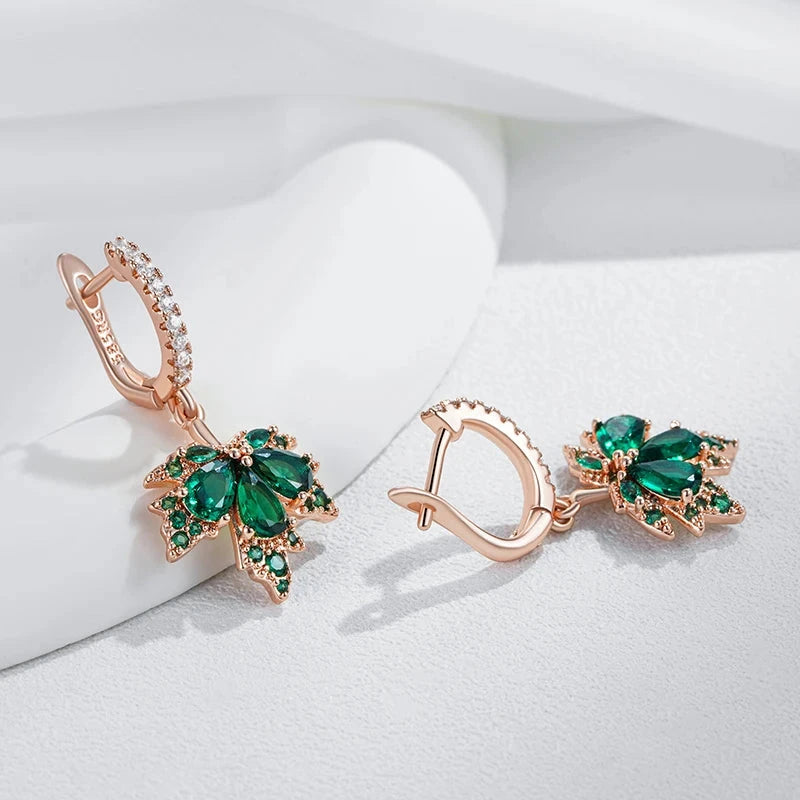 Shiny Green Zircon Maple Leaf Rose Gold Earrings for Women