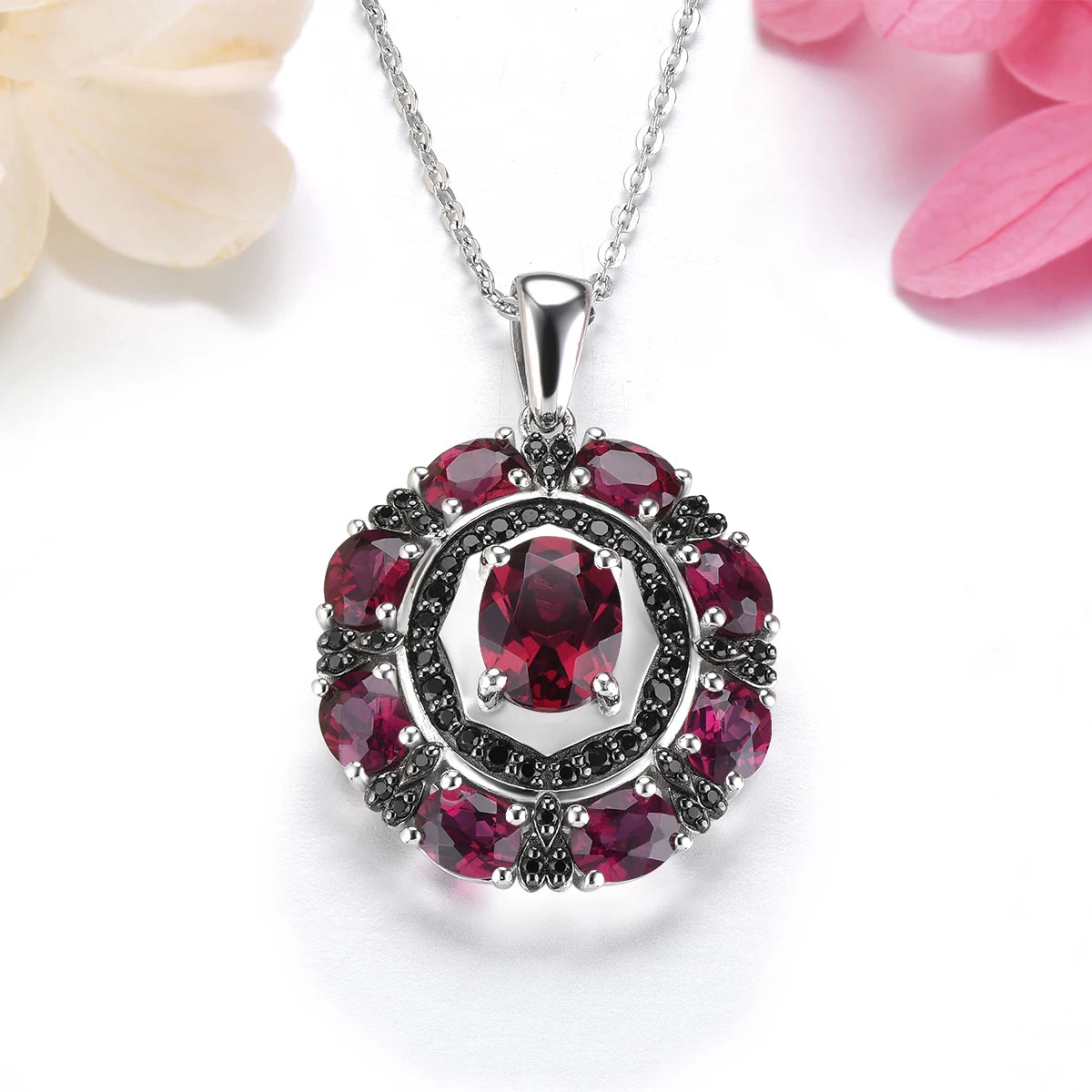 Natural Rhodolite Garnet Black Spinel Solid Silver Pendant 6.2 Carats Genuine Gemstone Rose Garnet Romantic Classic Style